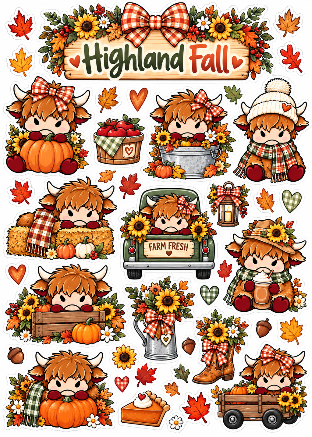 Highland Fall Sticker Sheet | 5×7 Fall Highland Cow Stickers