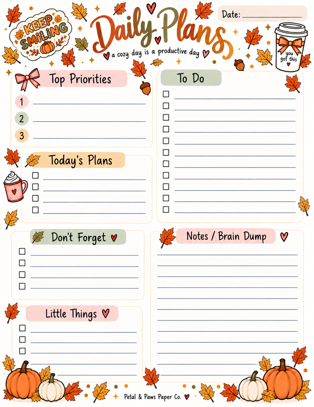 Daily Plans Notepad | 8.5×11 Fall Daily Planner – 30 Pages