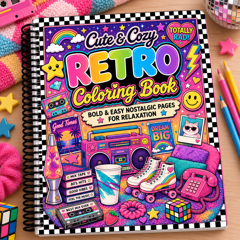 Retro 80s & 90s Nostalgic Coloring Book | Bold Easy Relaxing Pages