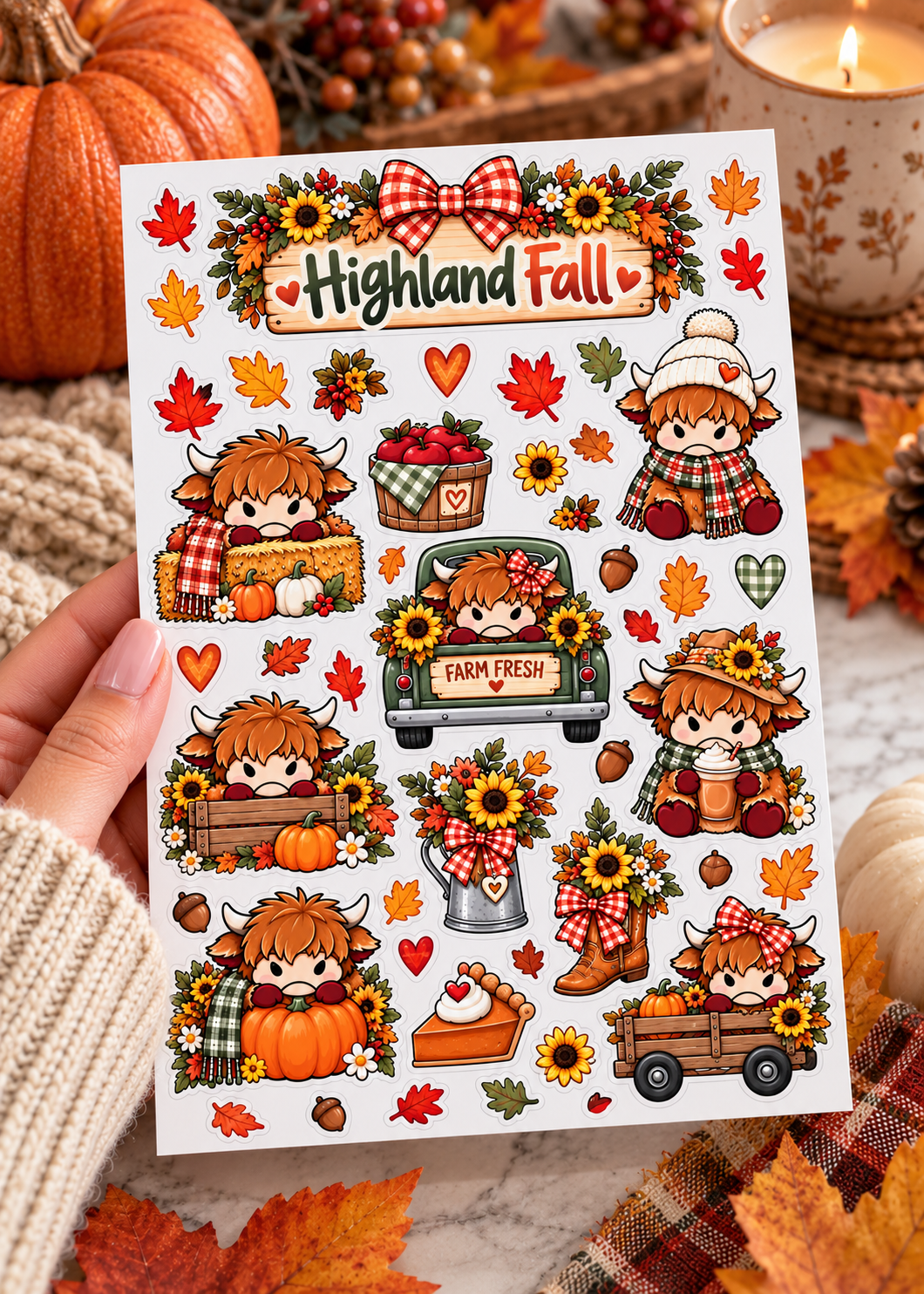 Highland Fall Sticker Sheet | 5×7 Fall Highland Cow Stickers