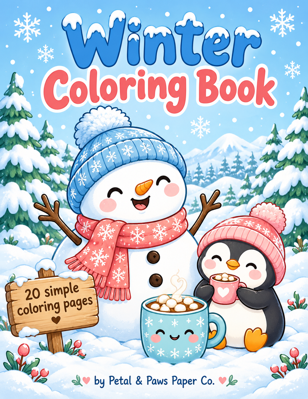 Winter Coloring Book cover with snowman, penguin and cocoa