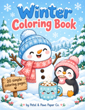 Winter Coloring Book cover with snowman, penguin and cocoa